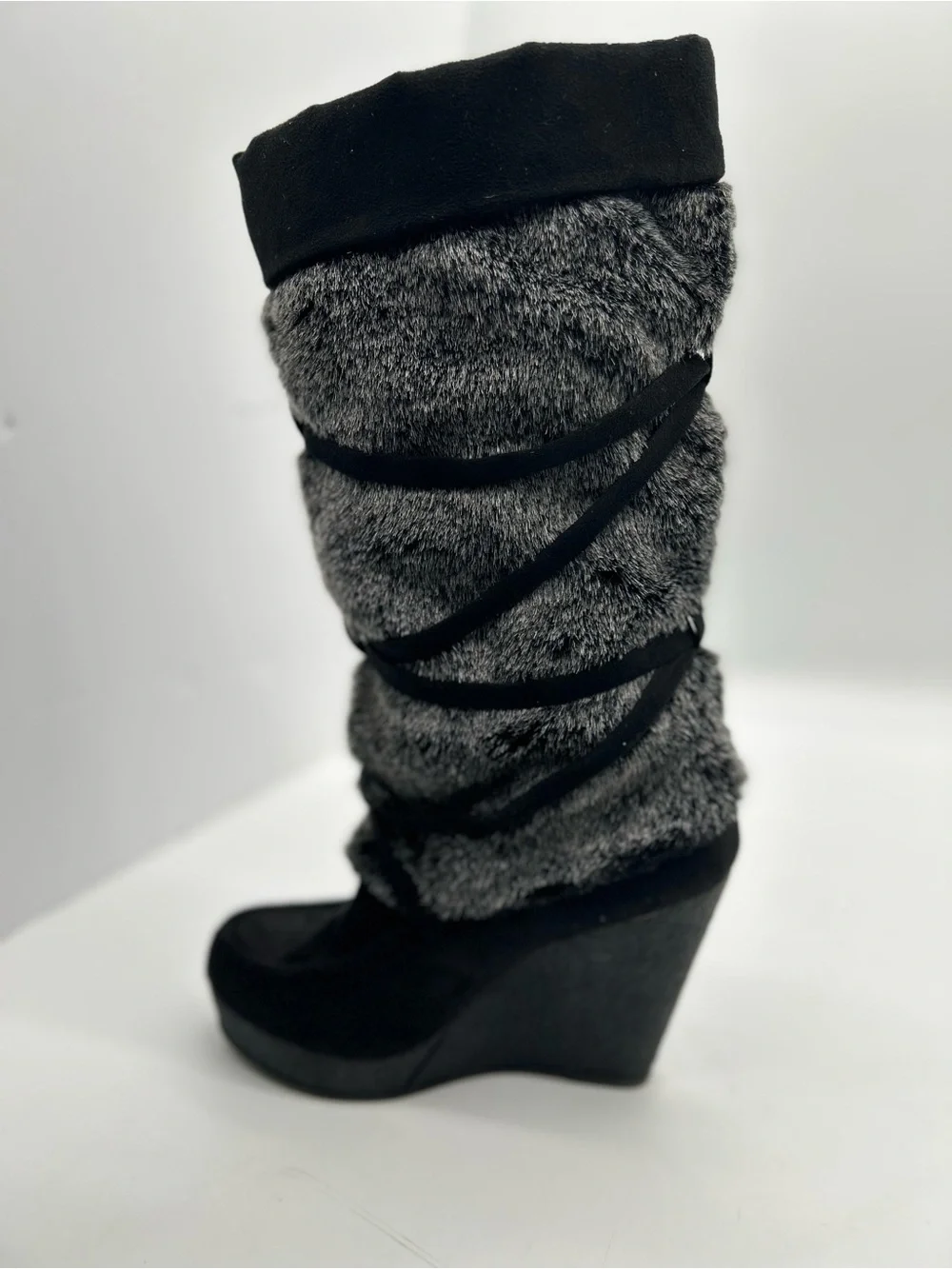 DecreeBlack Faux Fur Crisscross Wedge Winter Knee-High Boots 7 NWOT